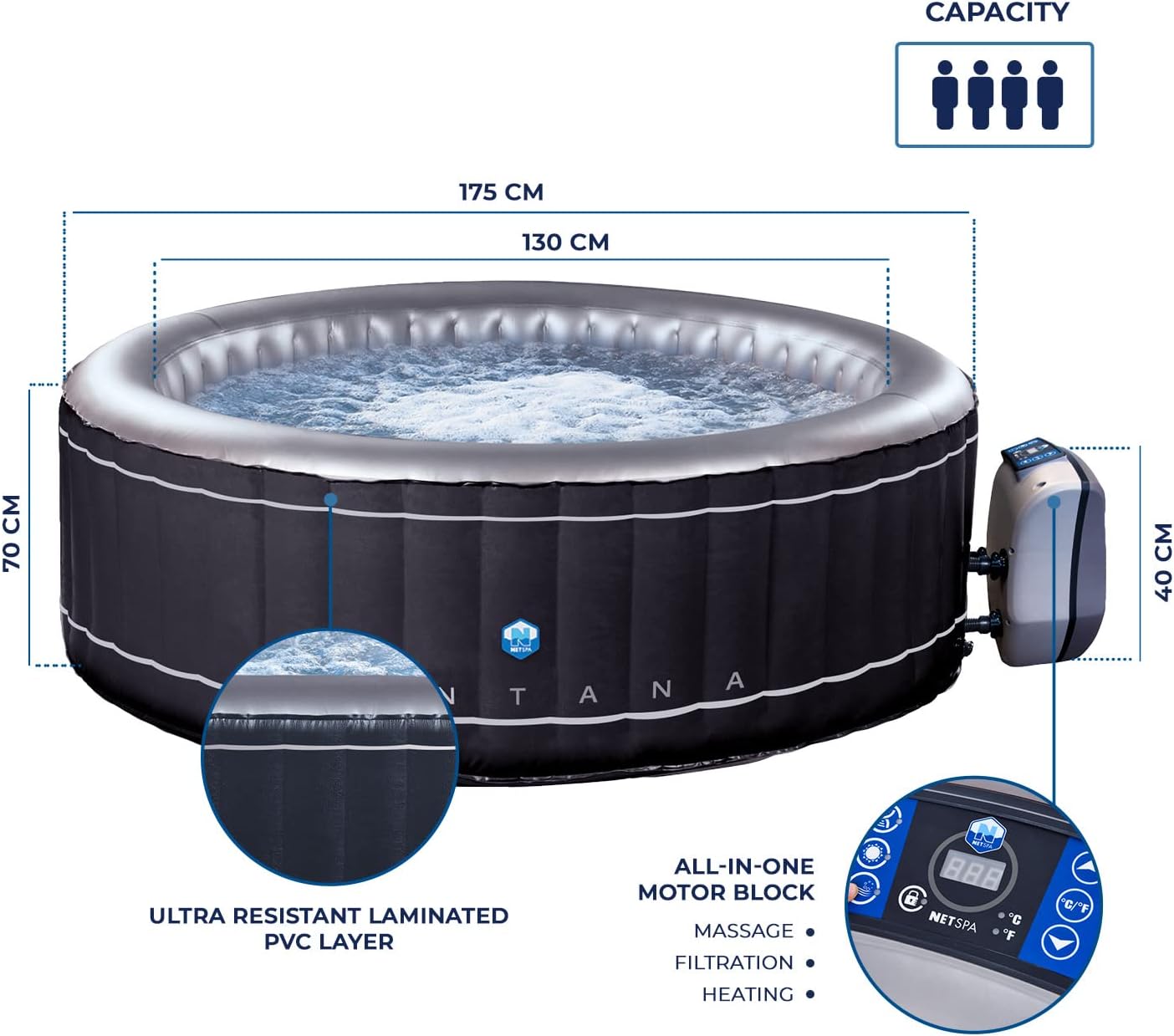 NetSpa - Montana - 175x70 cm - spa gonflable rond 4 places