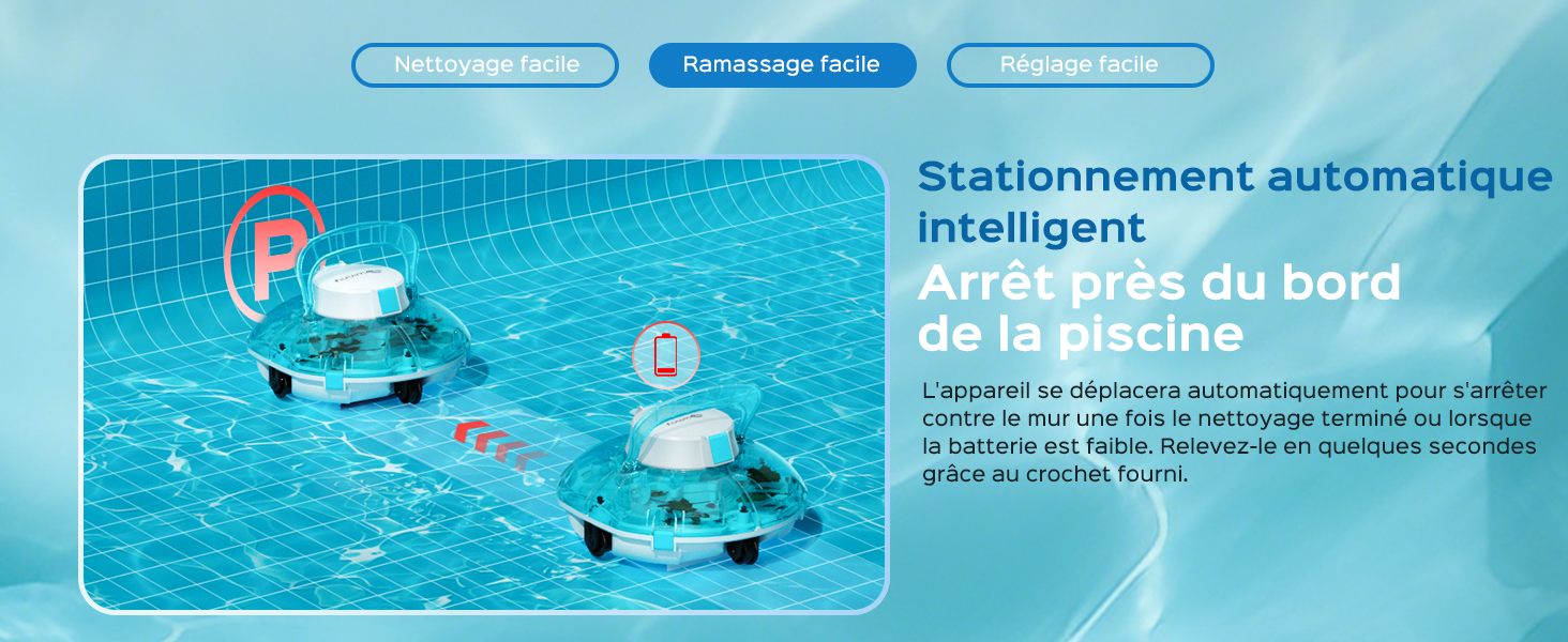 Le texte se lit comme suit : « Trébuchemment automatique », « Amusement au bord » et « de l'eau ». Image en bleu montrant deux enfants jouant dans la piscine avec des jouets aquatiques.