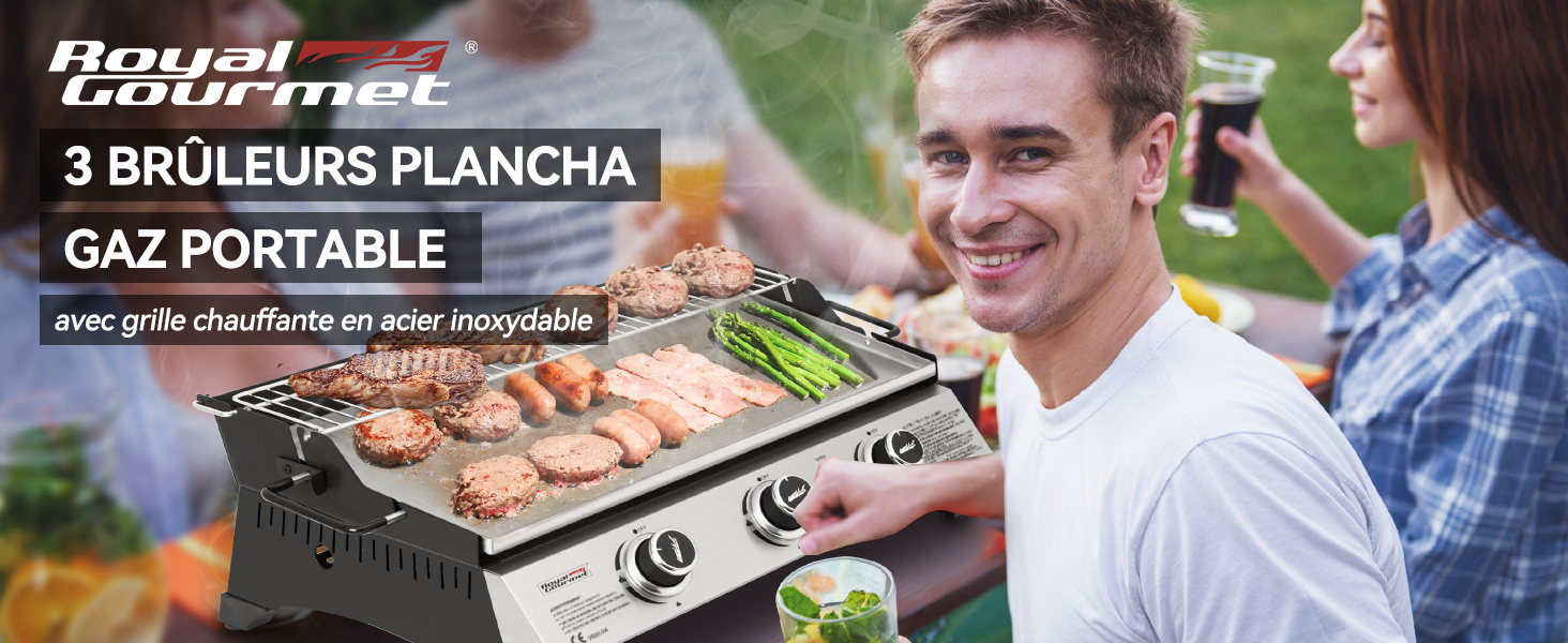 avec trois brûleurs montrant la cuisson de la viande sur une grille en acier inoxydable. Appareil de cuisson extérieur de marque jardinite.