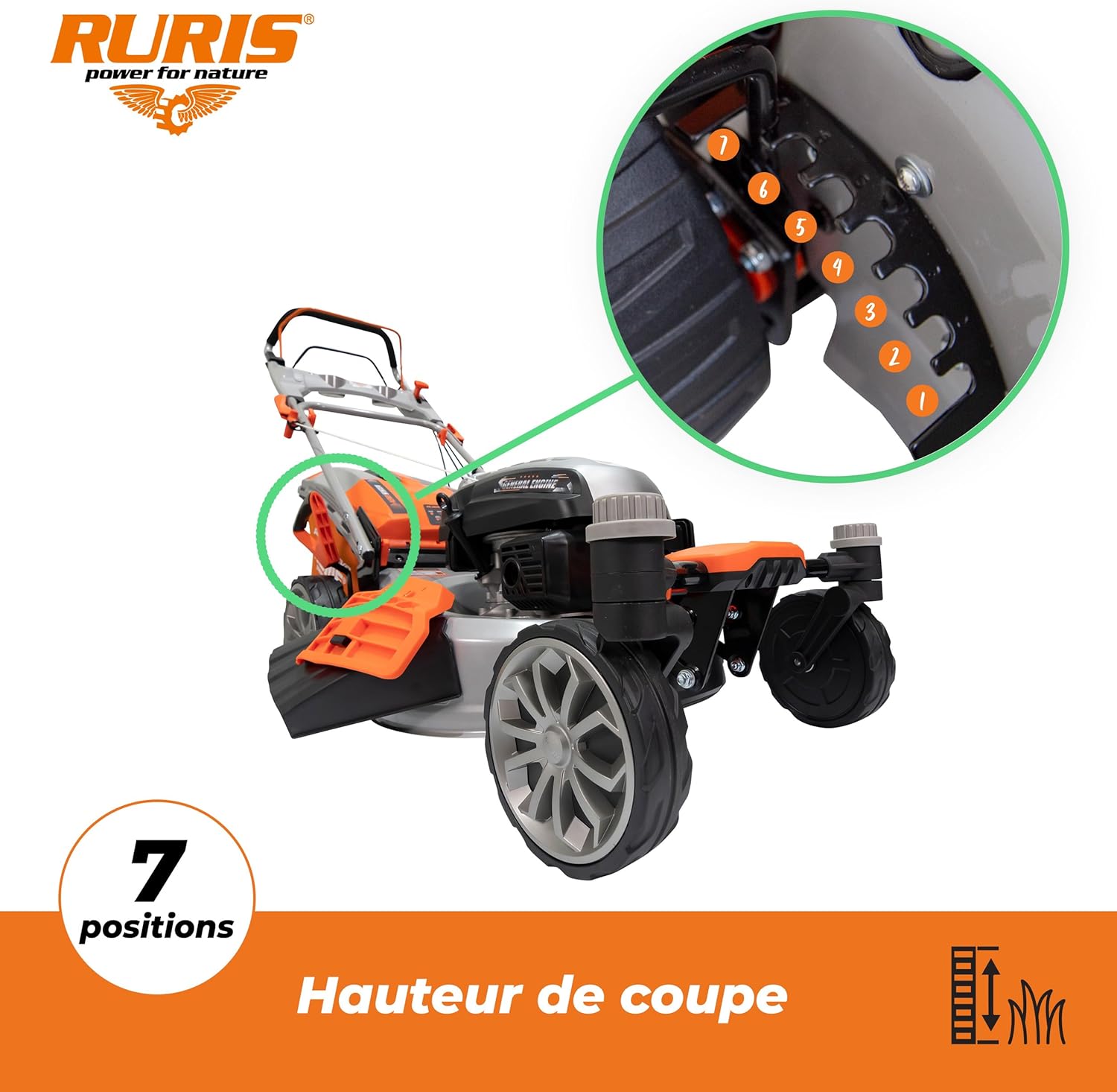 RURIS - Tondeuse Série RXM - 510mm, 3,9CV, Sac 65L, 5 fonctions RXM1000