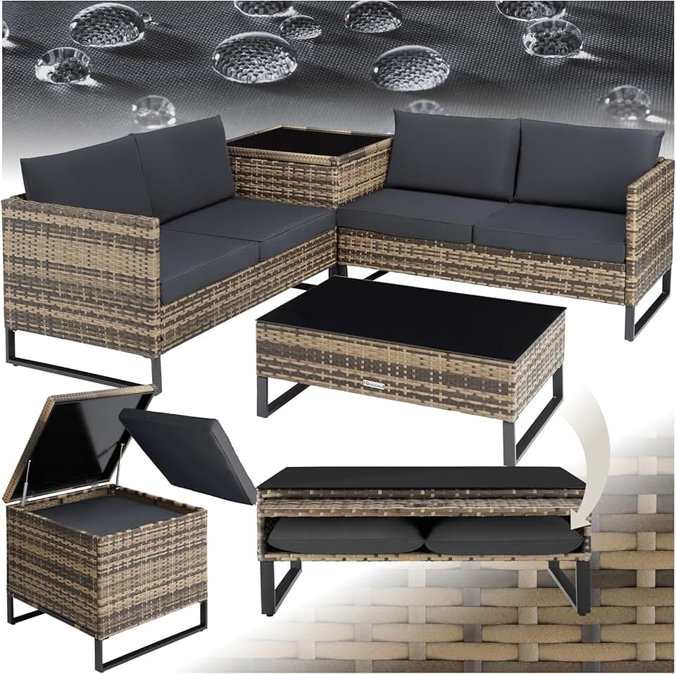 jardinite - Ensemble modulable 4 places rotin, table basse, coffre, coussins