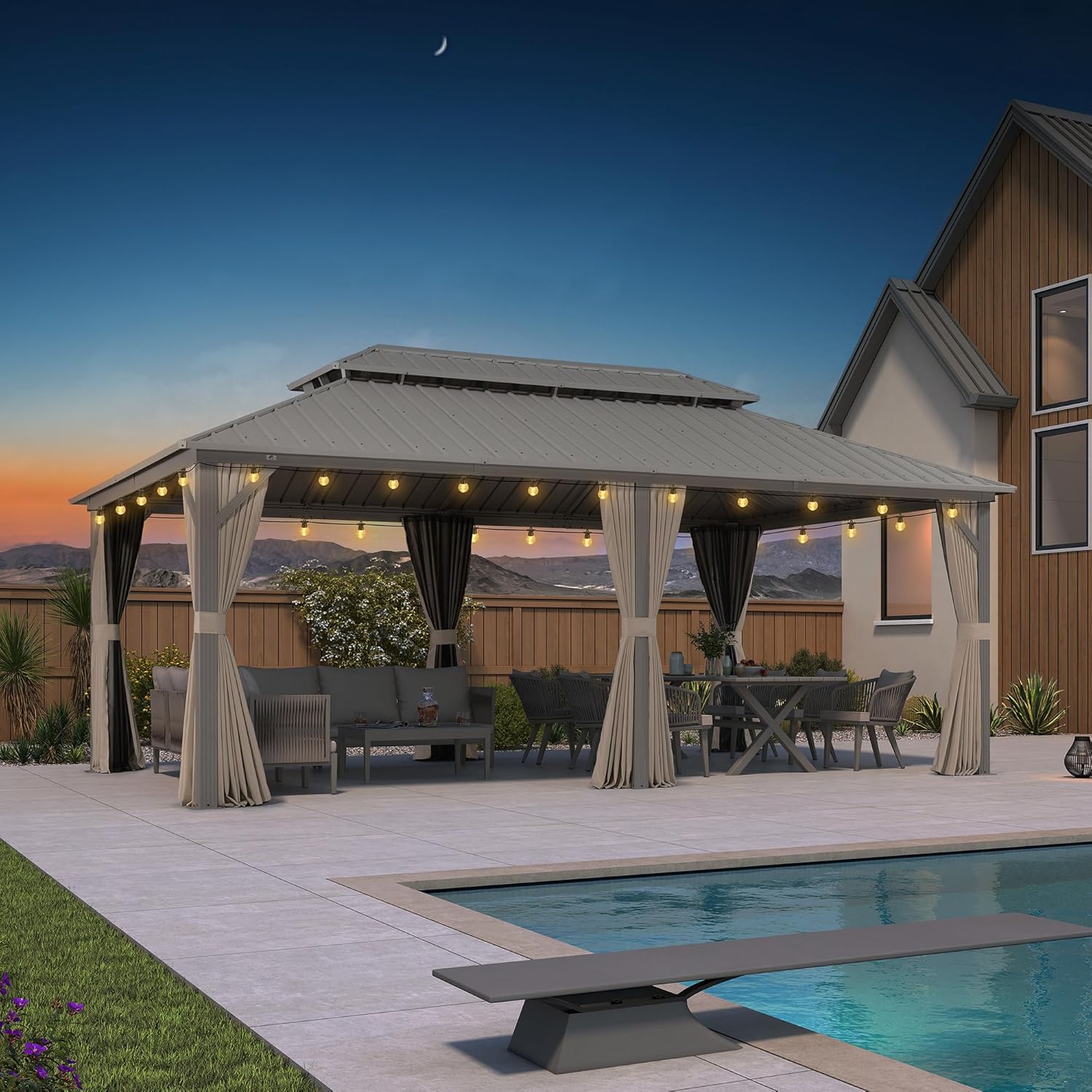 jardinite Tonnelle de Jardin Extérieur 6 x 3,65 m avec Guirlande Lumineuse, Pergola Aluminium à Toit Rigide en Acier Galvanisé, Pavillon Imperméable pour Camping, Fête, Barbecue, Champagne