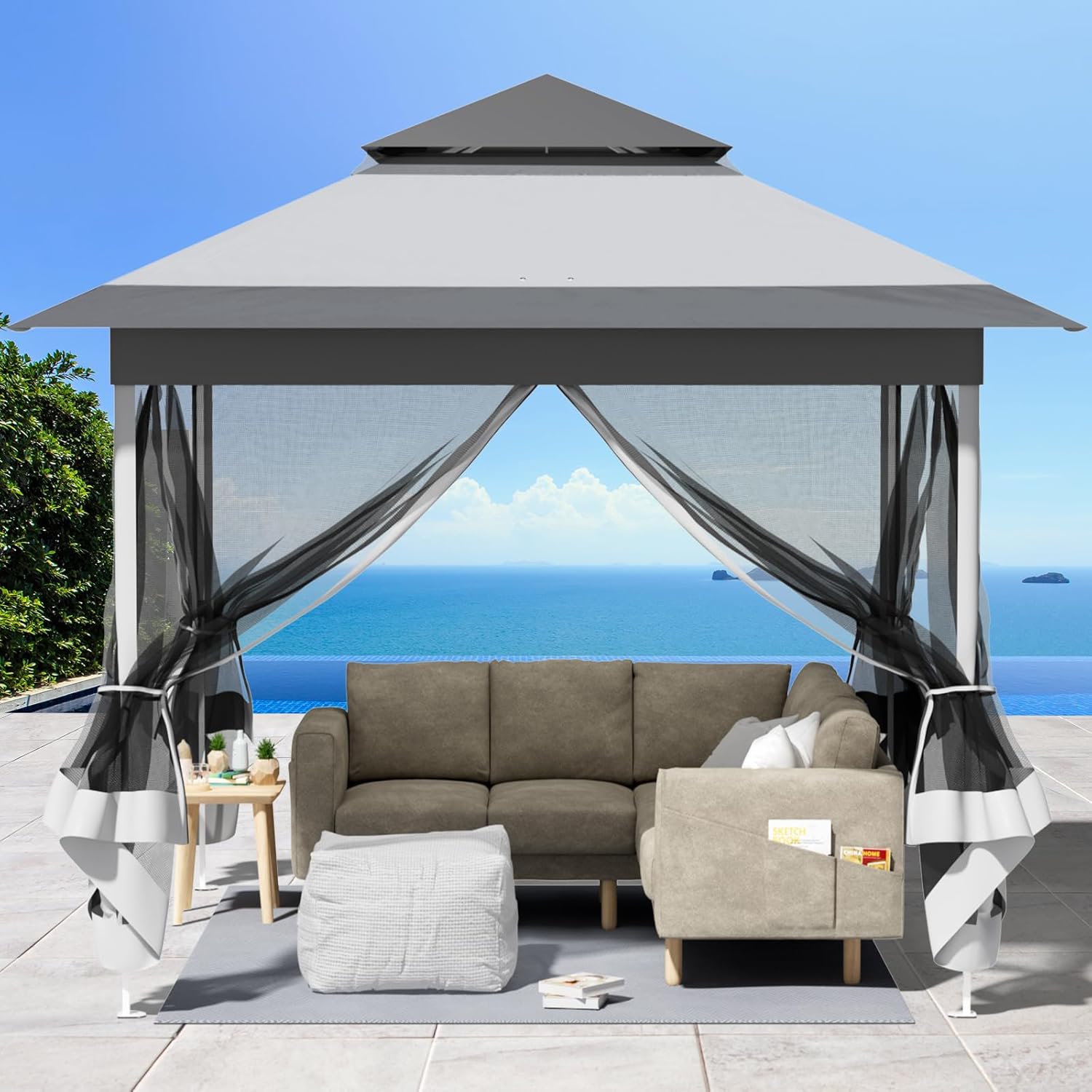 Tonnelle pliante - imperméable 3,3x3,3m - moustiquaires, double toit, sacs de sable