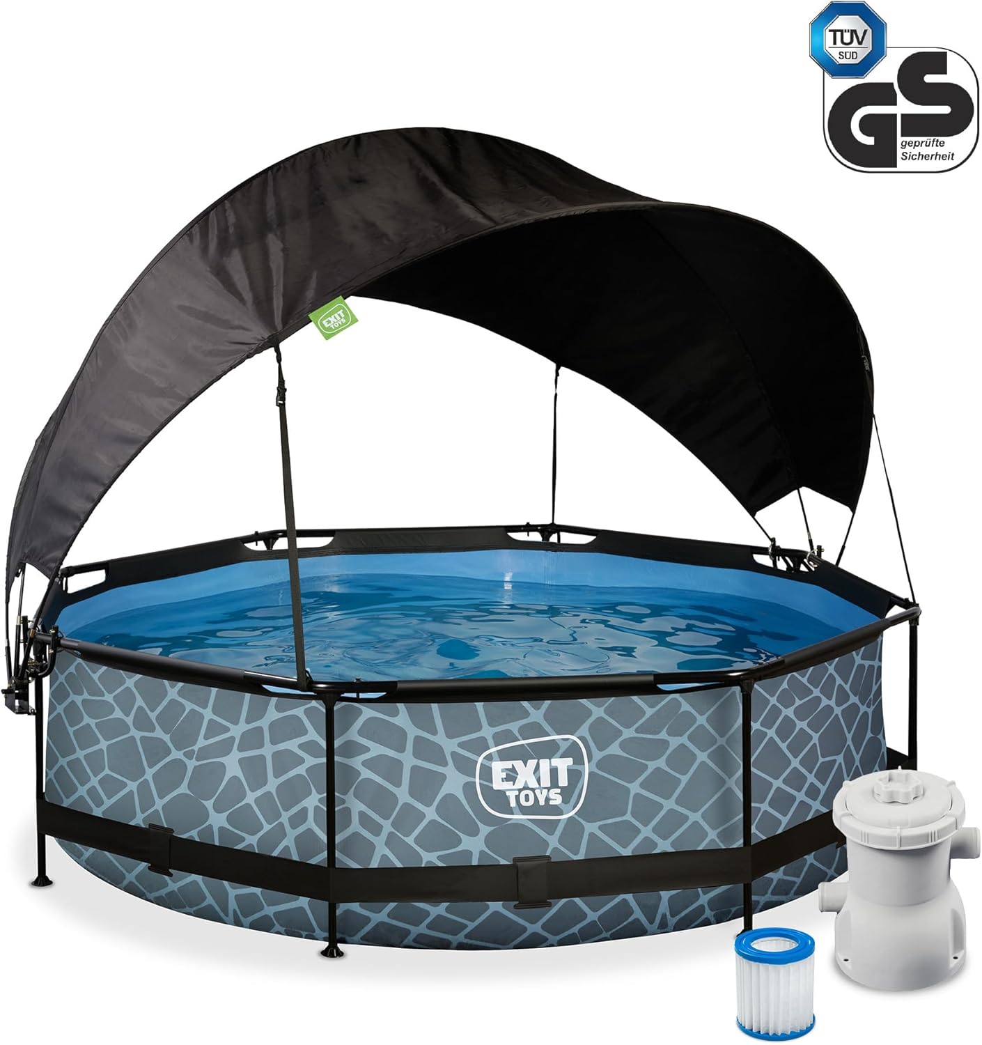 jardinite Piscine Stone avec Voile d'Ombrage - ø300x76cm - Piscine Hors Sol Ronde avec Pompe Filtrante à Cartouche - Protection Optimale Contre Les Rayons UV - Entrée Basse - Design Unique - Gris