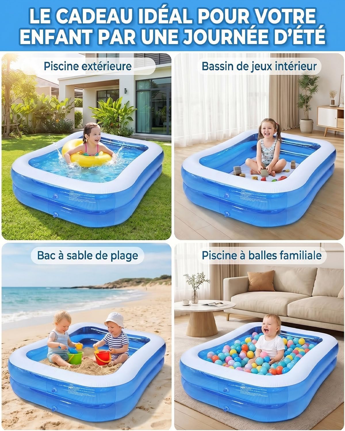 Piscine gonflable - rectangulaire - 260x155x45cm - grandes dimensions, usage intérieur/extérieur