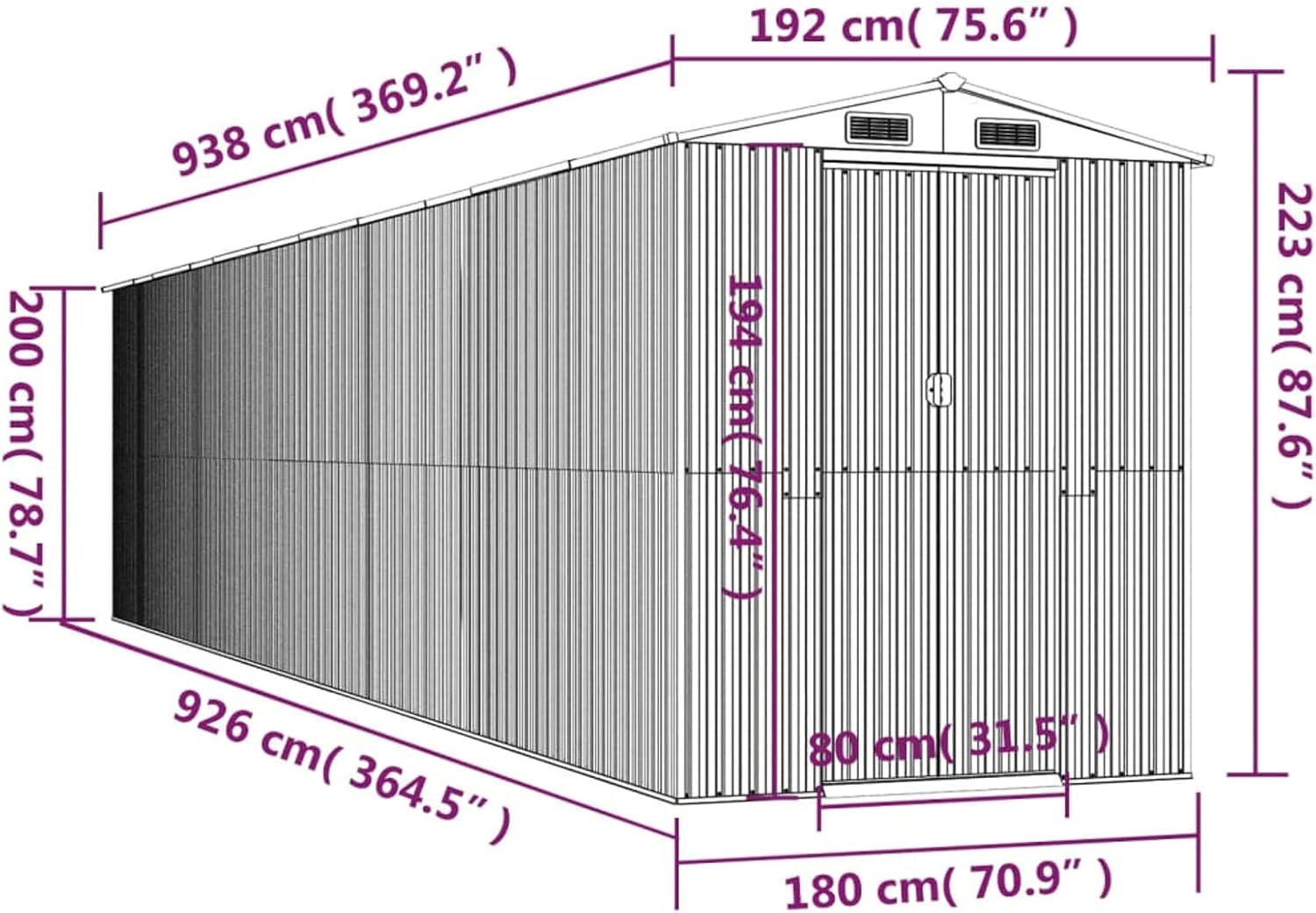 Abri de jardin - acier galvanisé vert - 192x938x223 cm - extérieur