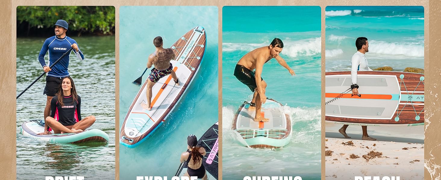 Composite de quatre activités de sports nautiques : planche à pagaie, surf, aquagym sur une plateforme flottante et conduite d'un petit bateau à moteur sur une plage