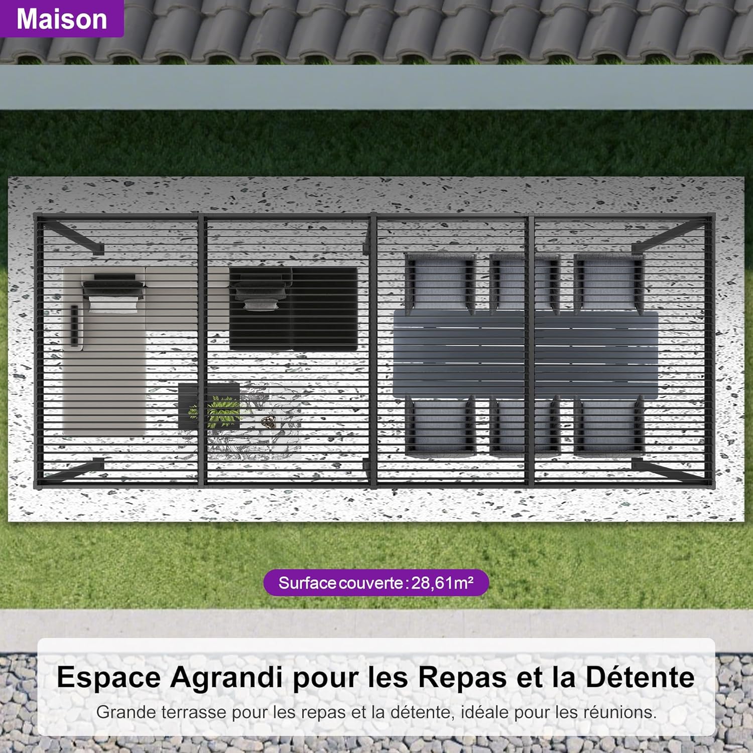 jardinite - Pergola bioclimatique série - 3,5x8,5m - aluminium, lames orientables, jardin, terrasse, gris