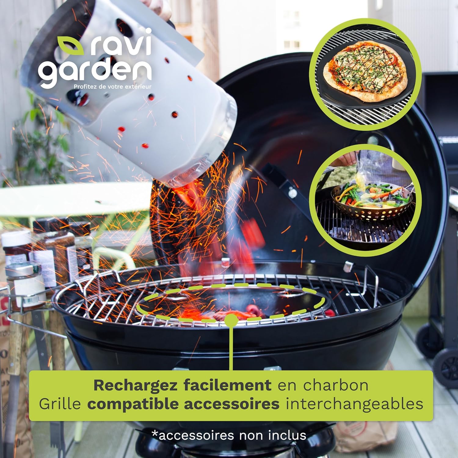 Barbecue charbon de bois - 57 cm - couvercle, boule, cendres, 8-12 pers