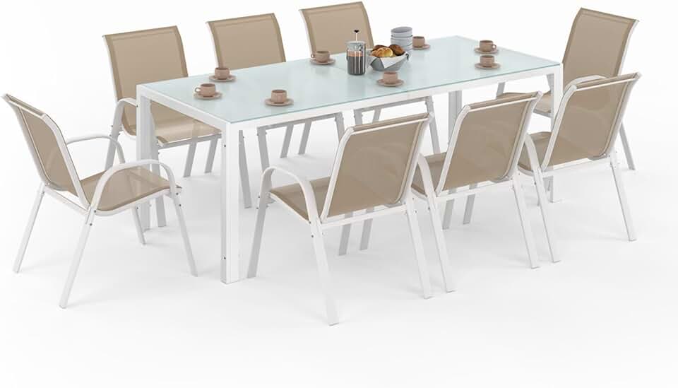 jardinite - Madrid salon jardin, table 190 cm, 8 chaises empilables, blanc/beige