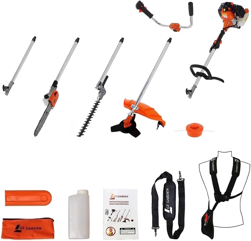 jardinite - multifonction 4 en 1 thermique - 3 outils + rallonge - tronçonneuse, débroussailleuse, taille-haies