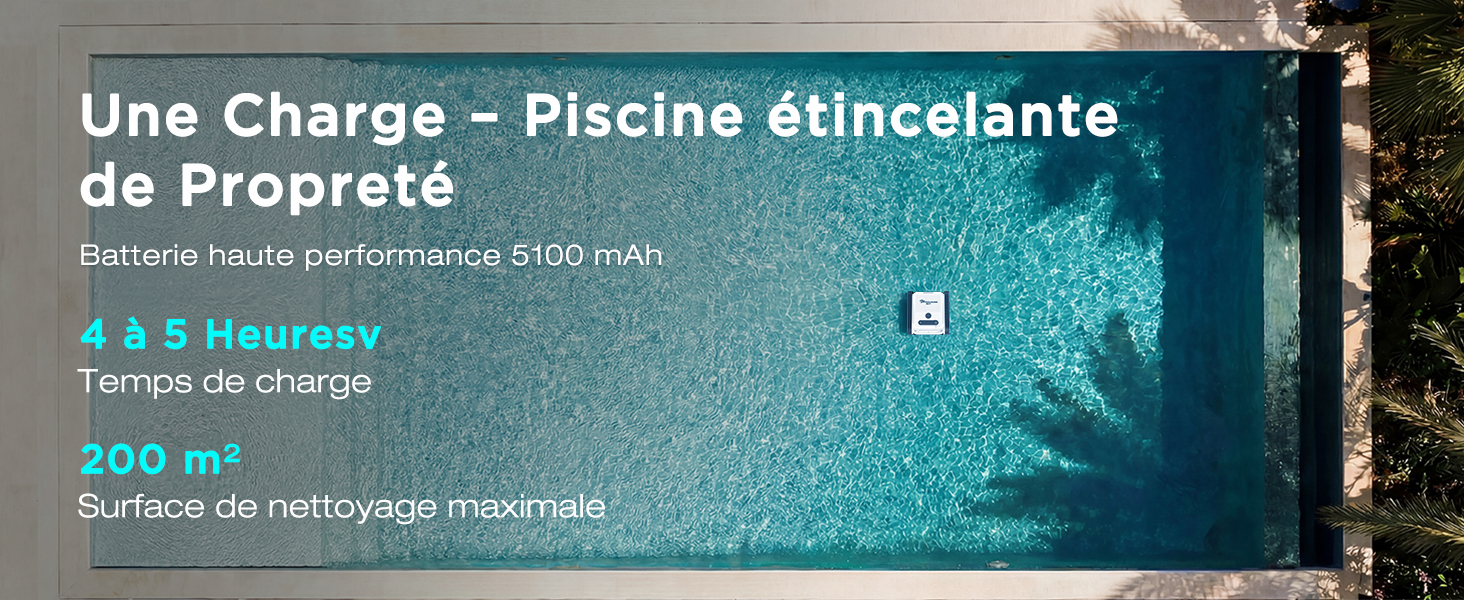 Le texte se lit comme suit : « Une Charge - Piscine étincelante de Propreté ». Annonce d'entretien de piscine montrant une eau bleue claire avec des spécifications techniques en français.
