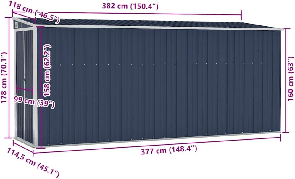 jardinite Abri de Jardin Mural Anthracite 118x382x178 cm Acier,Maison & Jardin, Pelouses & Jardins, Vie en extérieur, Structures extérieures, Cabanes & abris de Jardin, Anthracite (Poids 47.9KG)