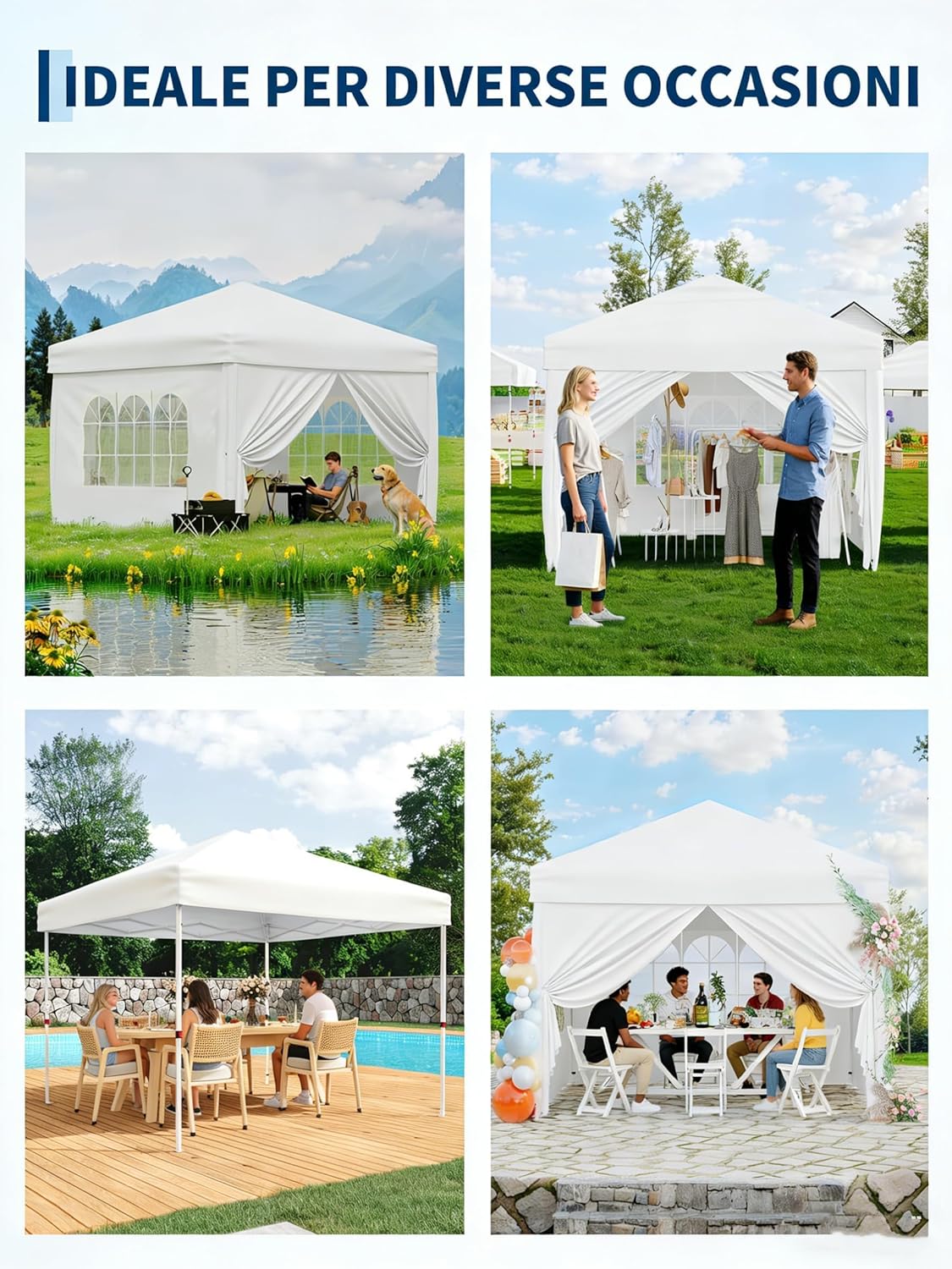 Gravee Tonnelle Pliante 3x3 m – Tente Pop-Up Robuste pour Jardin, Imperméable et Anti-UV avec Parois Latérales et Sac de Transport (Blanc, 3x3m)