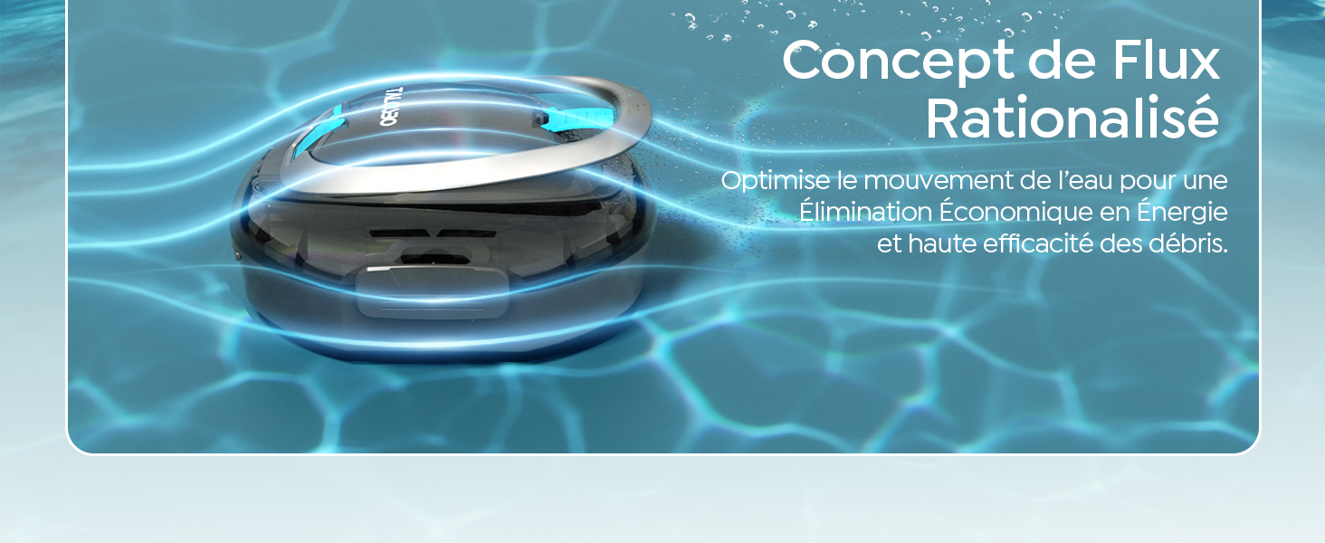 Le texte se lit comme suit : « Concept de Flux Rationalisé ». Schéma technique teinté en bleu montrant les modèles de circulation de l'eau ou de l'air avec des éléments de conception circulaires.