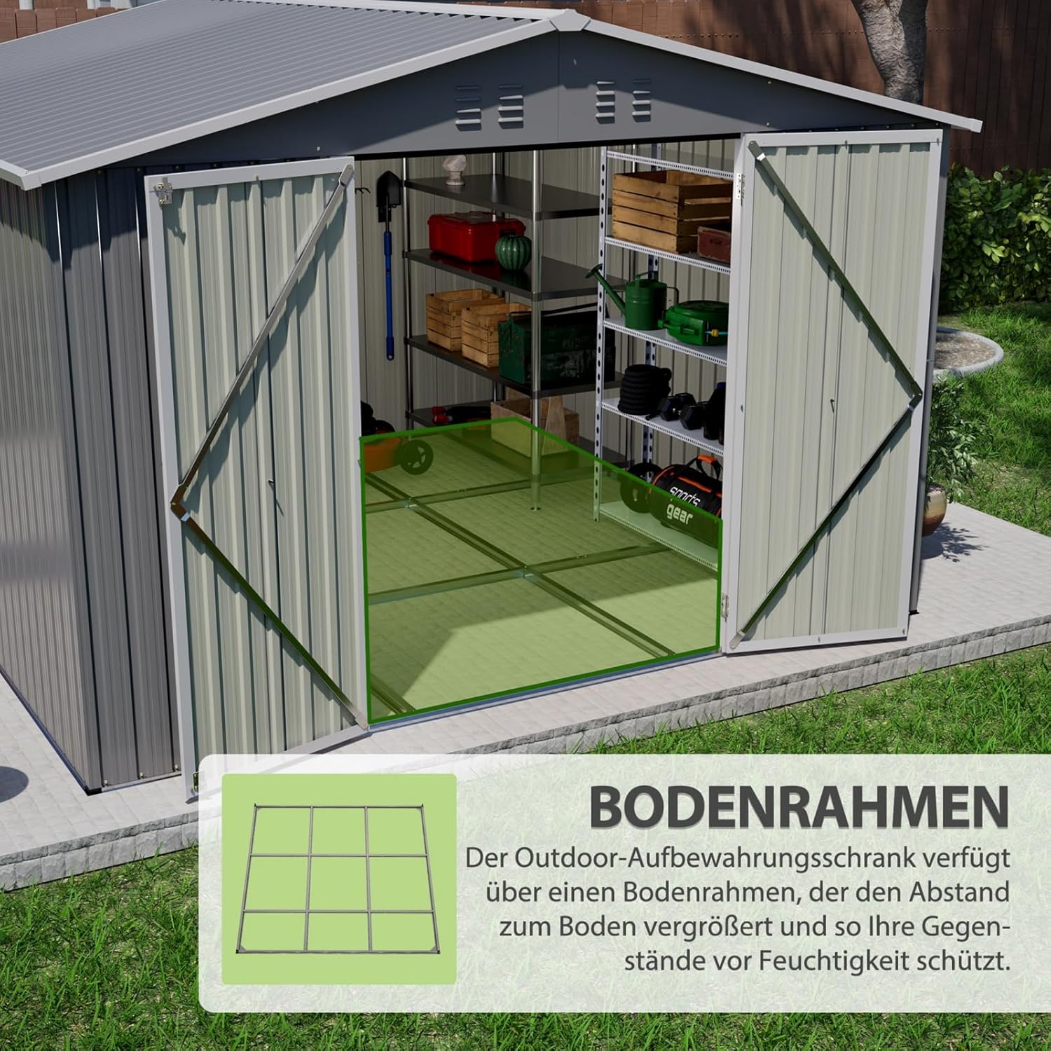 Abri de Jardin en Métal avec Cadre de Plancher, Coffre de Jardin en Acier Robuste, Cabanon de Jardin Extérieur Imperméable avec Portes Verrouillables, Gris (10x10 FT)