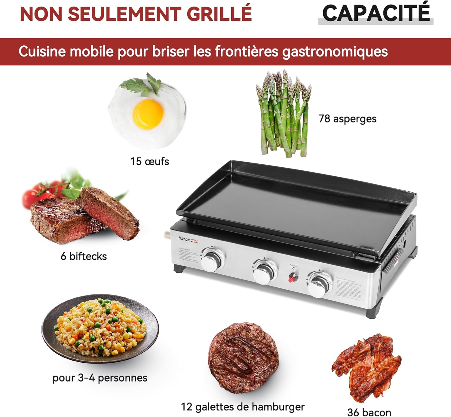 jardinite - Plancha Gaz 3 brûleurs - 62x35,5 cm - acier émaillé, portable, 7.5kW