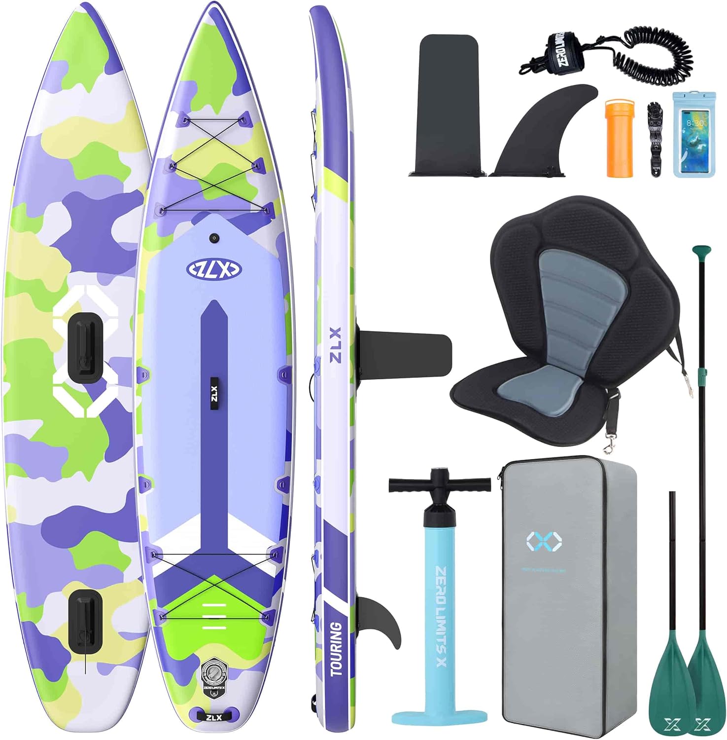 ZLX Planche de Paddle Gonflable Touring 350cm avec Siège Kayak | Sup Rapide et Stable Longue Distance, Charge 180kg, Stand Up Paddle Board Exploration