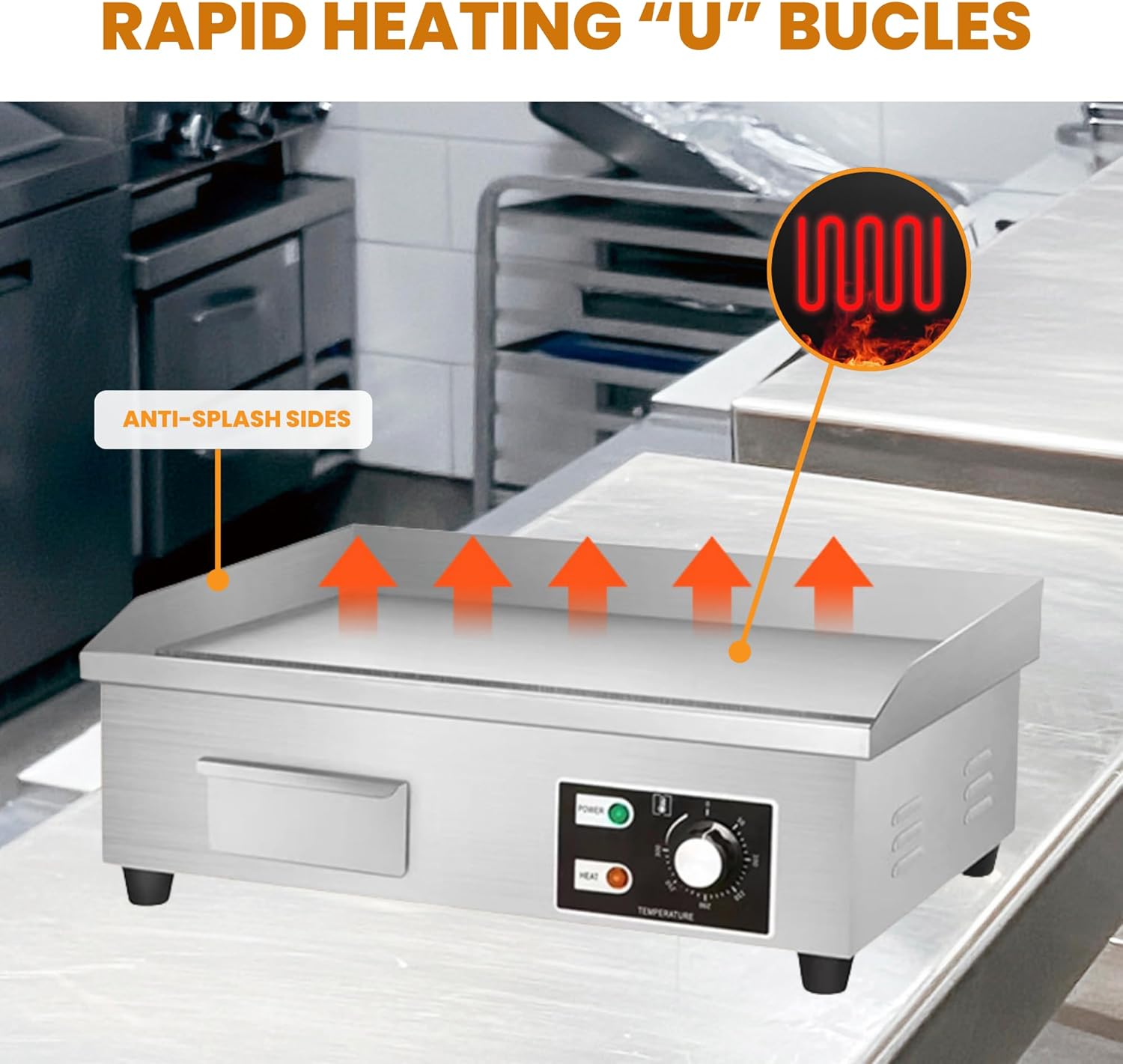 Plancha électrique - 55x35cm - inox, 3000W, bac à graisse, 50-300ºC