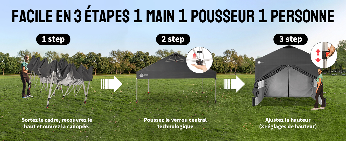 Le texte se lit comme suit : « FACILE EN 3 ÉTAPES 1 MAIN 1 POUSSEUR 1 PERSONNE ». Configuration du camping en plein air montrant la séquence de déploiement de la tente avec la personne, la tente de camping et les instructions pour un assemblage facile.