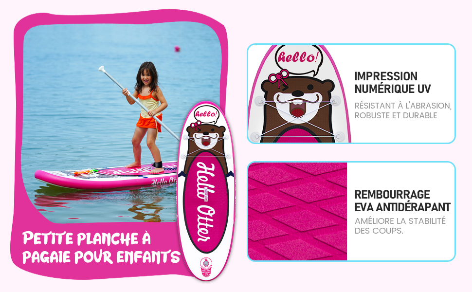 une fille sur une planche à pagaie avec un ours rose dessus.