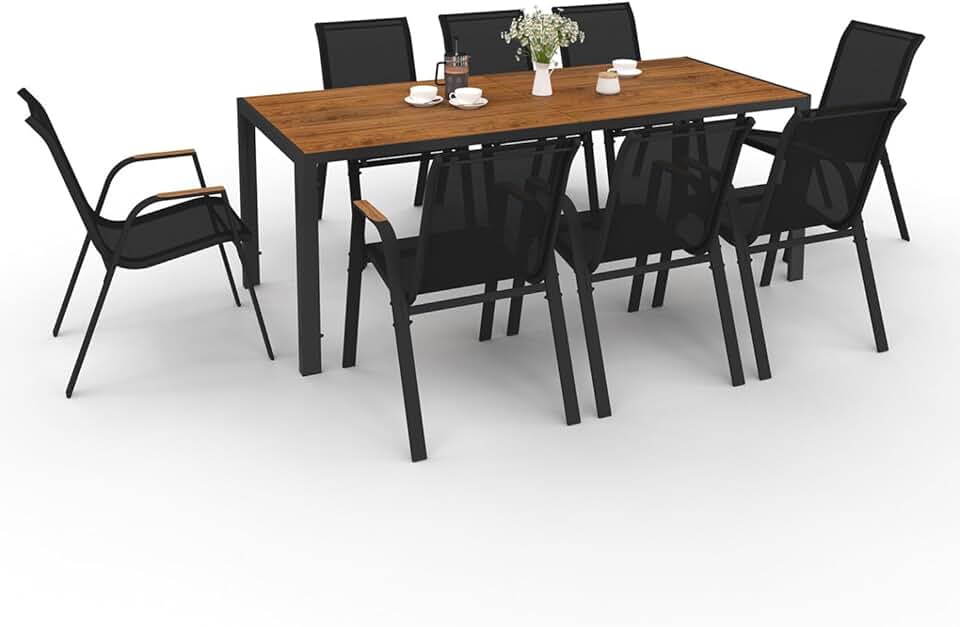 jardinite - Noumea - Table 190 cm et 8 chaises empilables, plateau verre effet bois