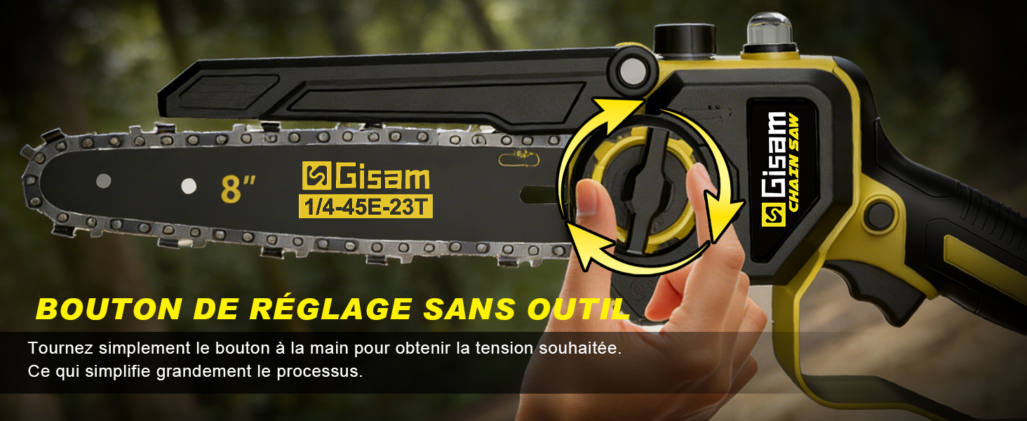 Le texte indique « BOUTON DE RÉGLAGE SANS OUTIL ». Photos du produit montrant ce qui semble être un outil de mesure ou de niveau avec des touches jaunes et noires montrant différents angles et caractéristiques.