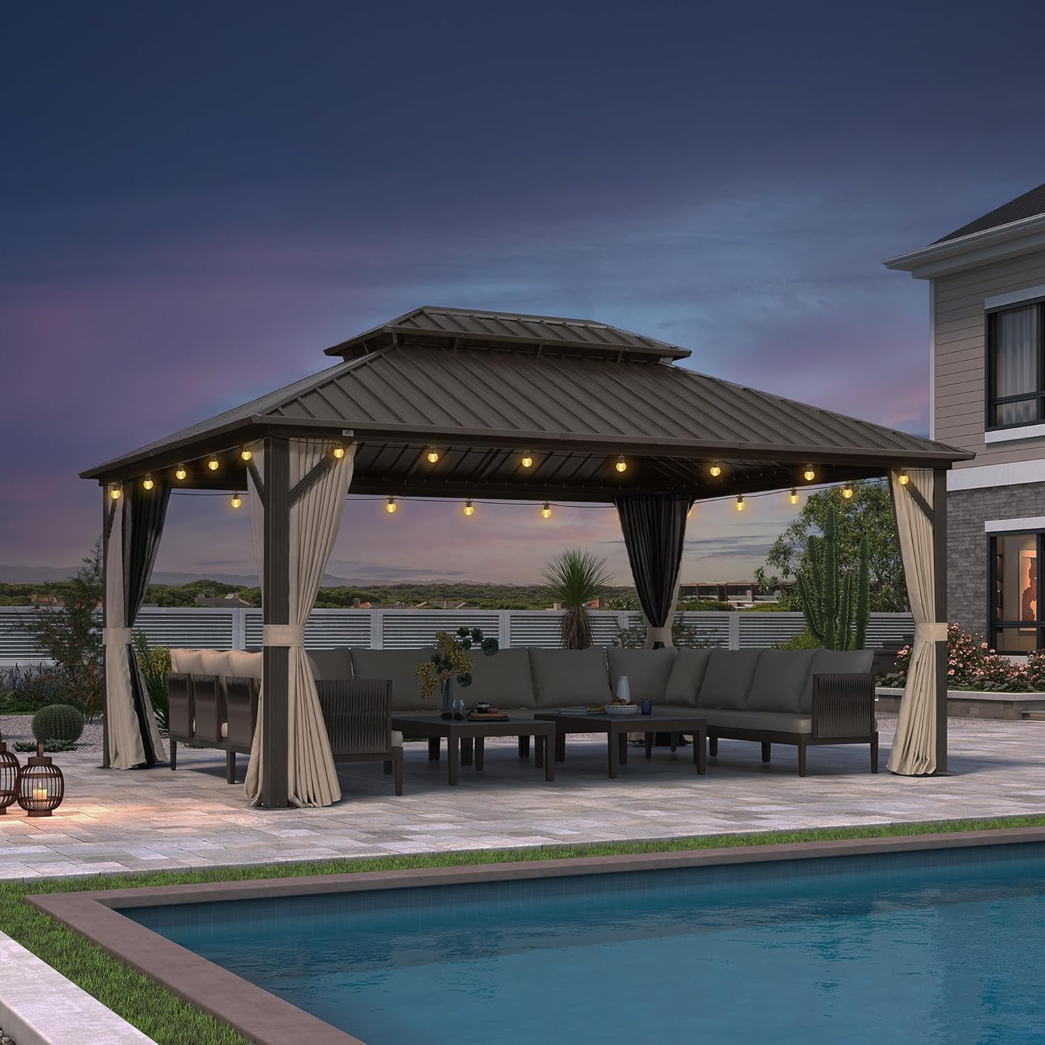 jardinite - Pergola Toit Rigide - 4,85x3,65m - Aluminium, Rideaux, Guirlande