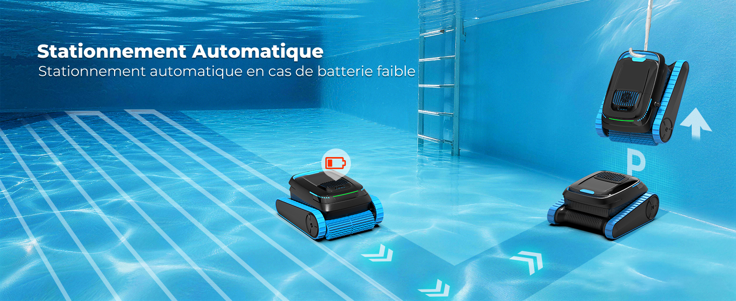 Le texte indique « Stationnement automatique » (texte partiel visible). Image en bleu montrant un dispositif de stationnement automatique avec télécommande et unité de base compacte en surface.
