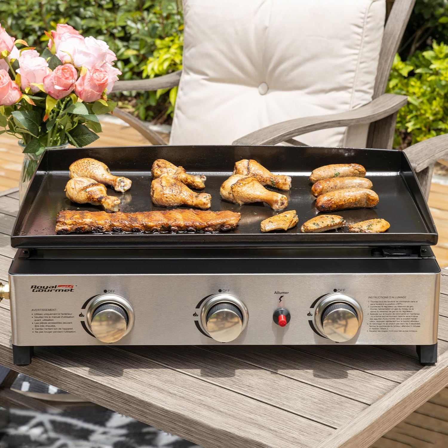 jardinite - Plancha Gaz 3 brûleurs - 62x35,5 cm - acier émaillé, portable, 7.5kW
