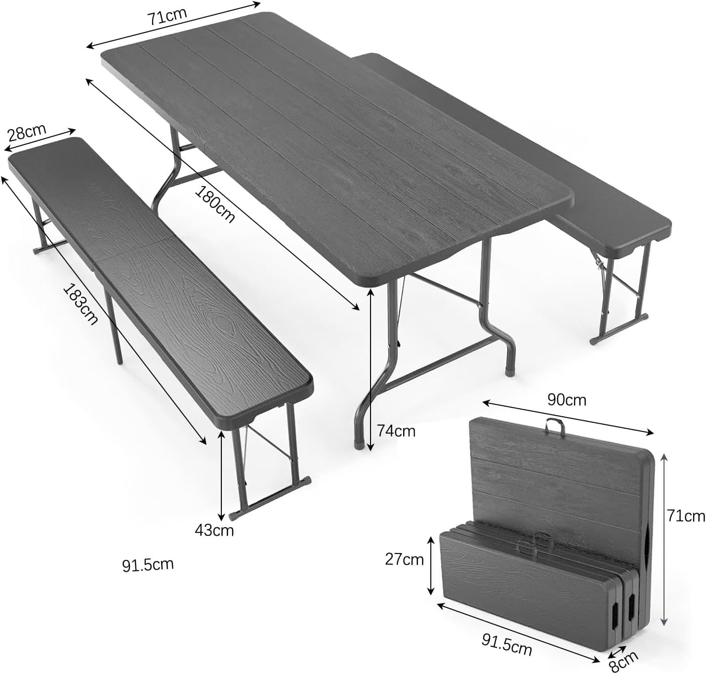 Ensemble Table et Bancs Pliante - 6/8 pers - extérieur/camping - 1 table + 2 bancs