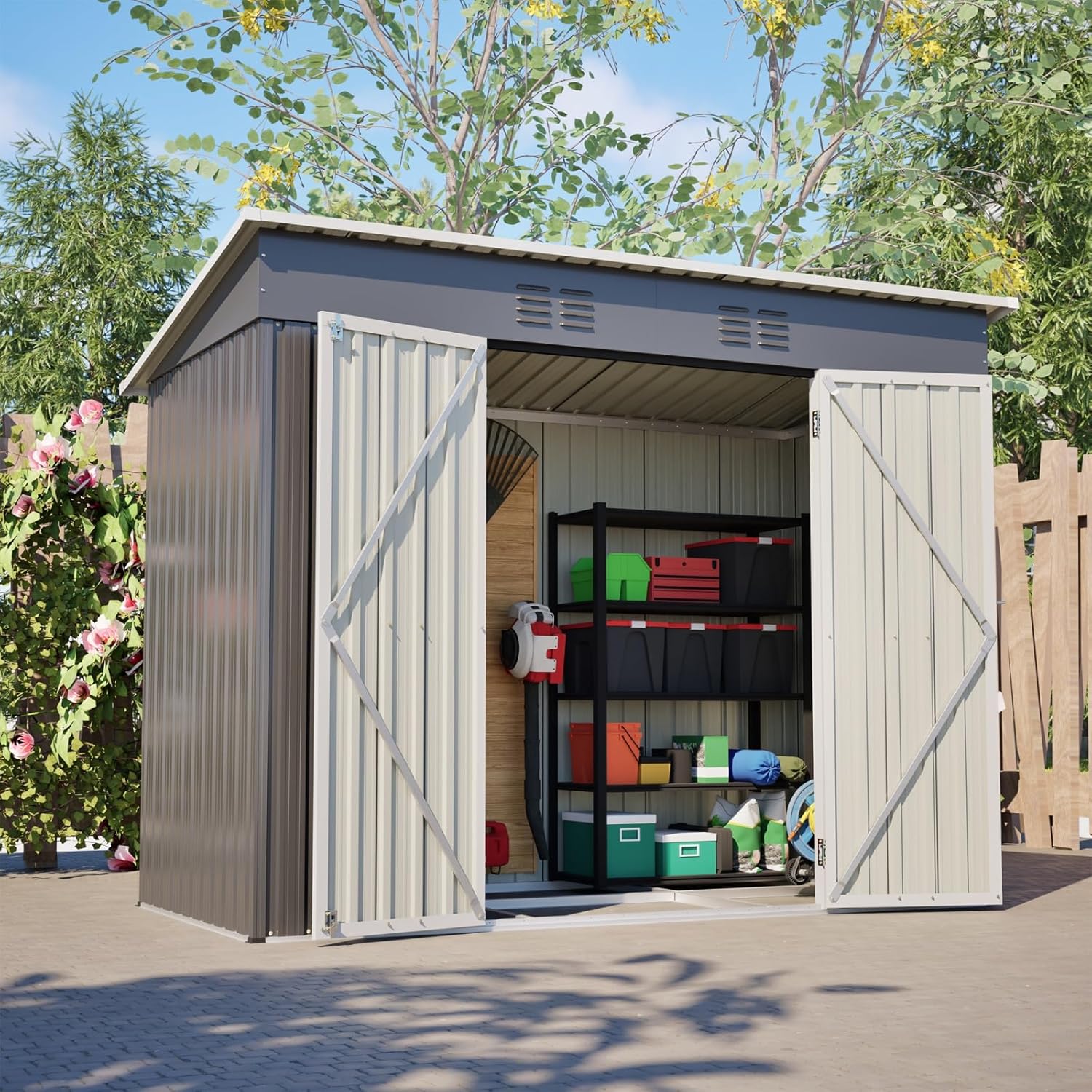 Abri de Jardin Métal Galvanisé avec Fondation, Cabane de Jardin Extérieur Résistant aux Intempéries, Cabanon de Rangement Spacieux, Toit Incliné Anti-Pluie, Marron (8x4 FT- 2)