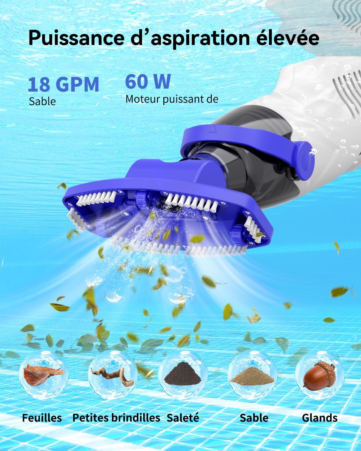 Aspirateur piscine manuel - 60 min autonomie - filtres & brosse - compact