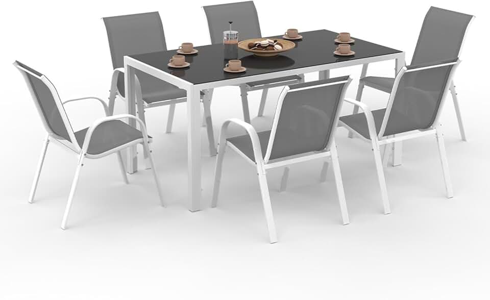 jardinite - Madrid salon de jardin 150 cm, 6 chaises empilables, blanc/gris