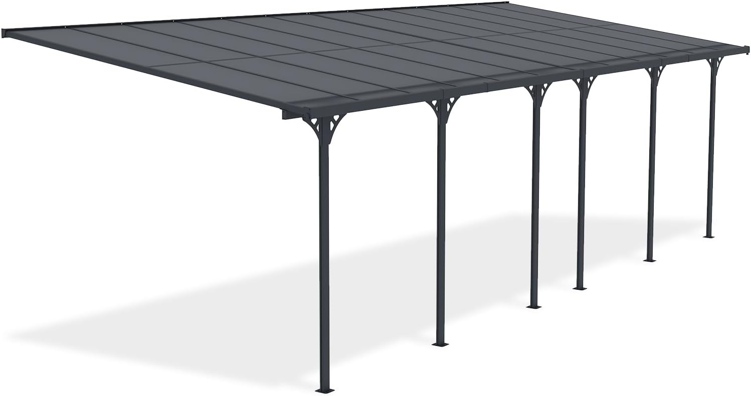 KLEO - Pergola adossée aluminium - 7,48x3 m - Polycarbonate, gouttière, gris RAL 7016 - résistance vent 40 km/h, UV30+