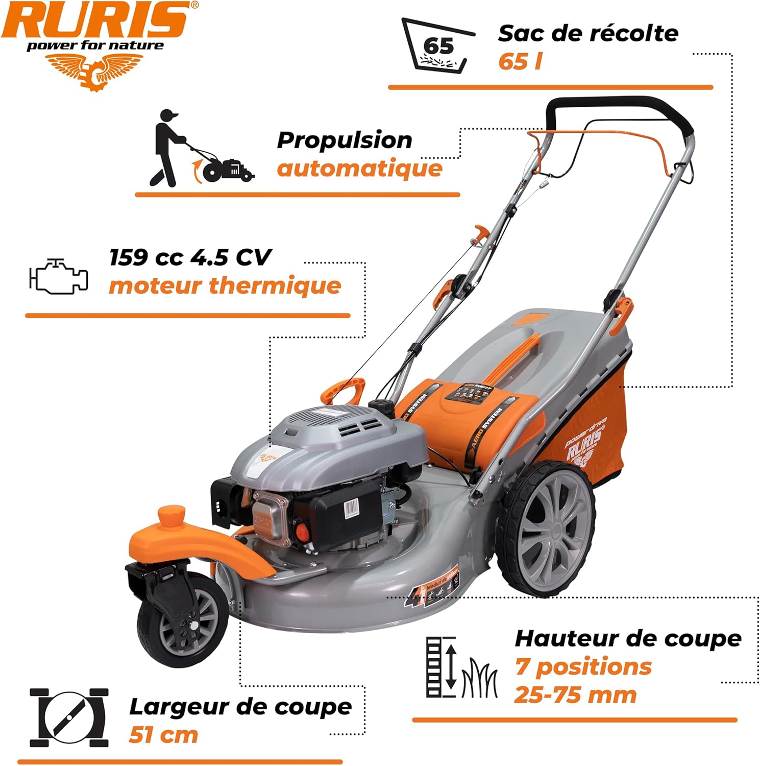 RURIS - tondeuse à gazon série RXM - 510mm, 4,5CV, sac 65L, propulsion automatique, RXM777
