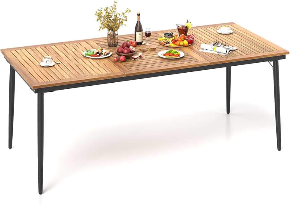 jardinite - Table de jardin 8 personnes - 190x90cm - bois acacia, trou parasol 5cm, pieds métal, charge 75kg