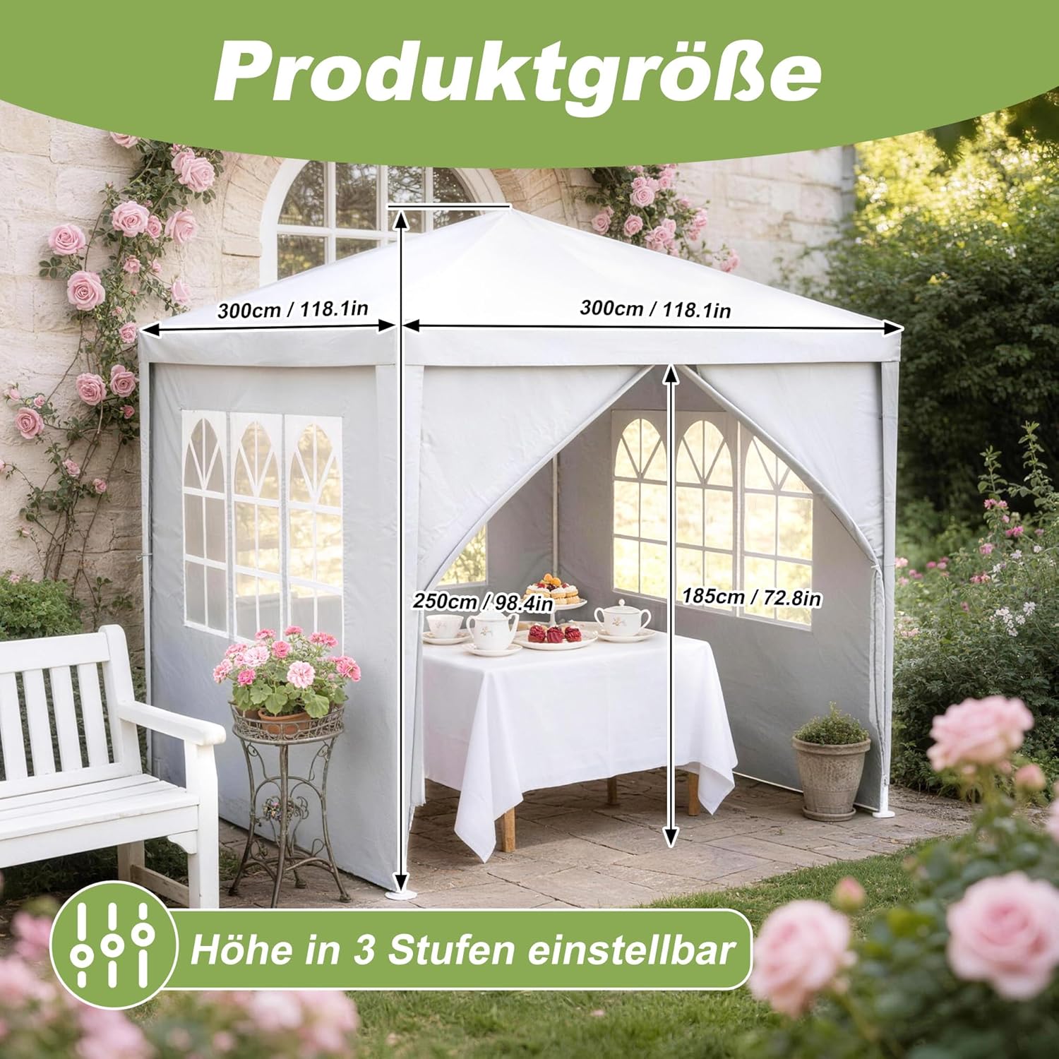 LZQ - Tonnelle de jardin 3x3m, montage emboîtement, imperméable, 4 parois, fenêtres, toit