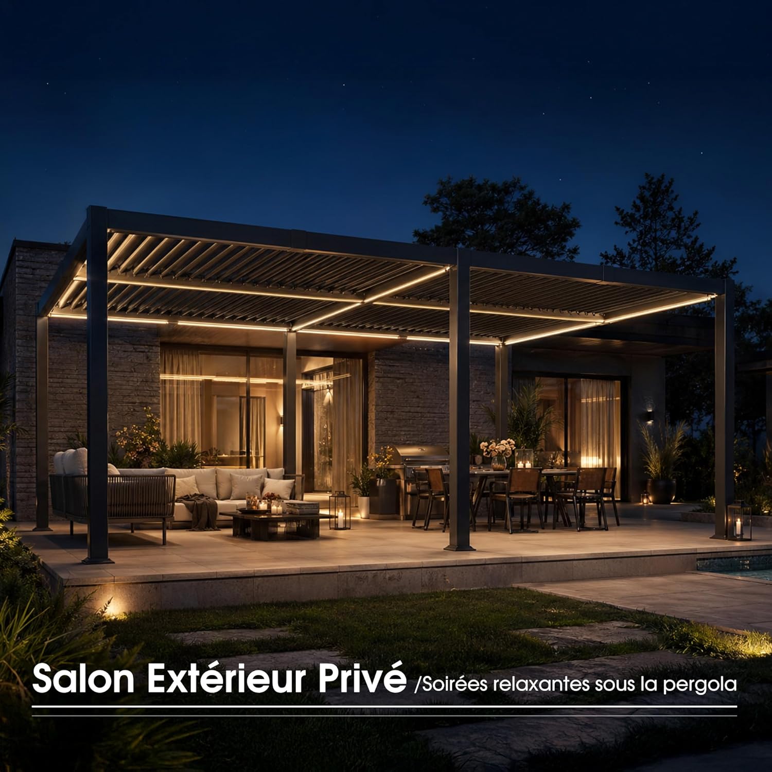 jardinite - Pergola bioclimatique - 4x6m - alu lames LED gris