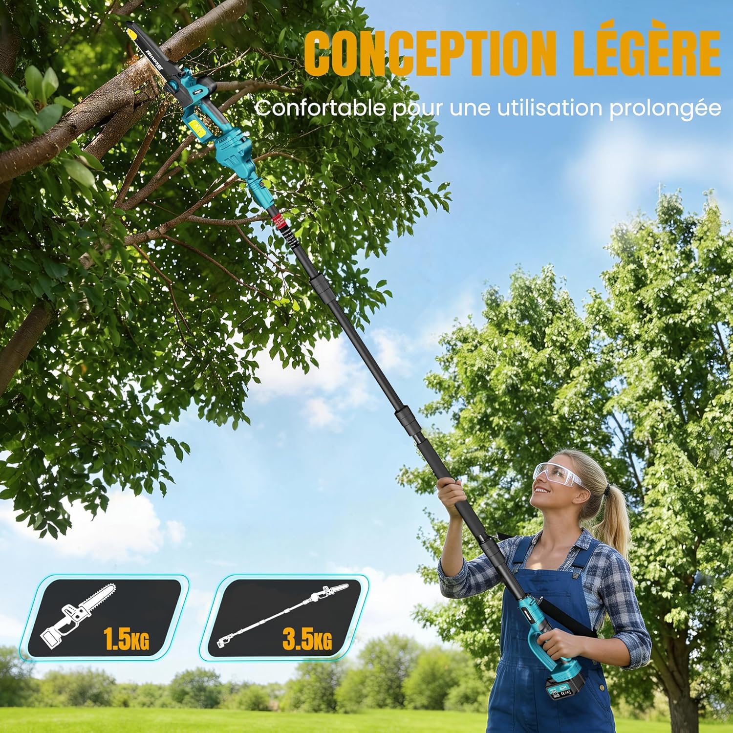 Élagueuse sur perche - 8 pouces - batterie 2x4000mAh, télescopique, lubrification auto