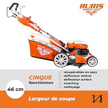 Le texte indique « RURIS » et « CINQUE fonctions » avec « 46 cm de largeur de coupe ». Tondeuse à gazon orange avec spécifications et indicateurs de fonction multiples.