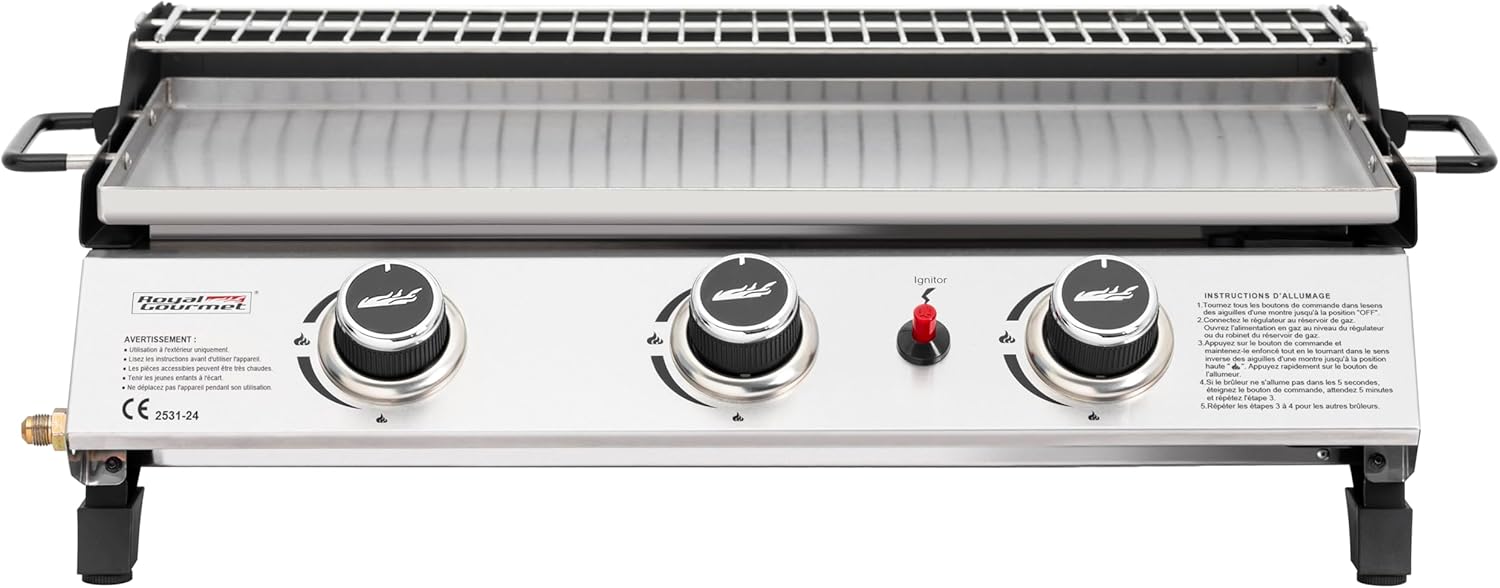 jardinite - Plancha gaz inox 3 brûleurs 61,5x32cm, 7,5kW, usage extérieur