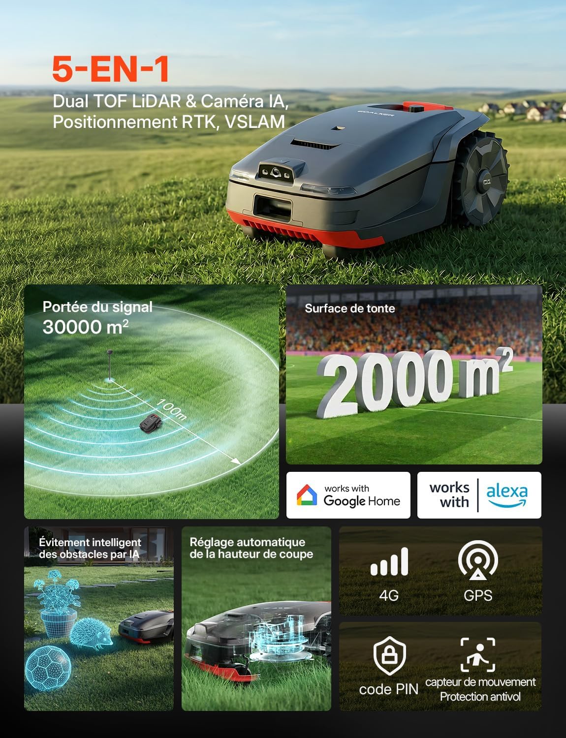 Robot tondeuse H1 - 2000㎡ - double LiDAR, caméra IA, pente 45%, H1