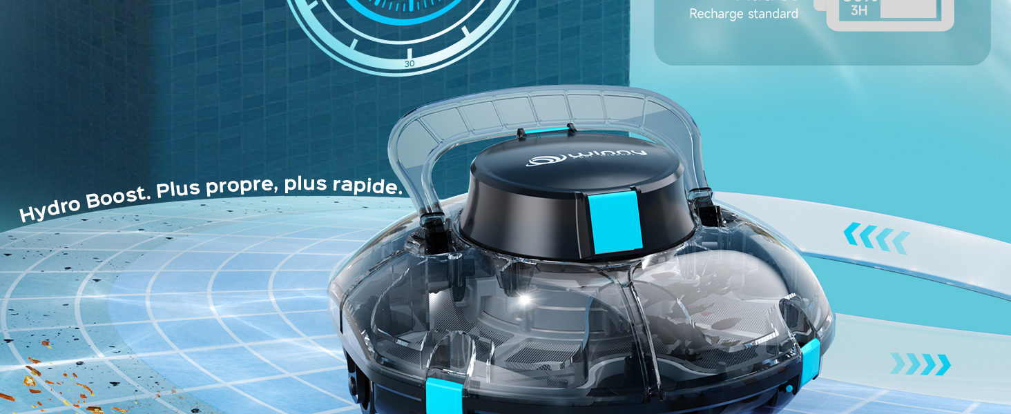 Le texte indique « Hydro Boost Plus propre, plus rapide ». Nettoyeur de piscine robotique avec boîtier turquoise et noir, chambre de collecte transparente visible, vitrine du produit sur fond bleu sarcelle.