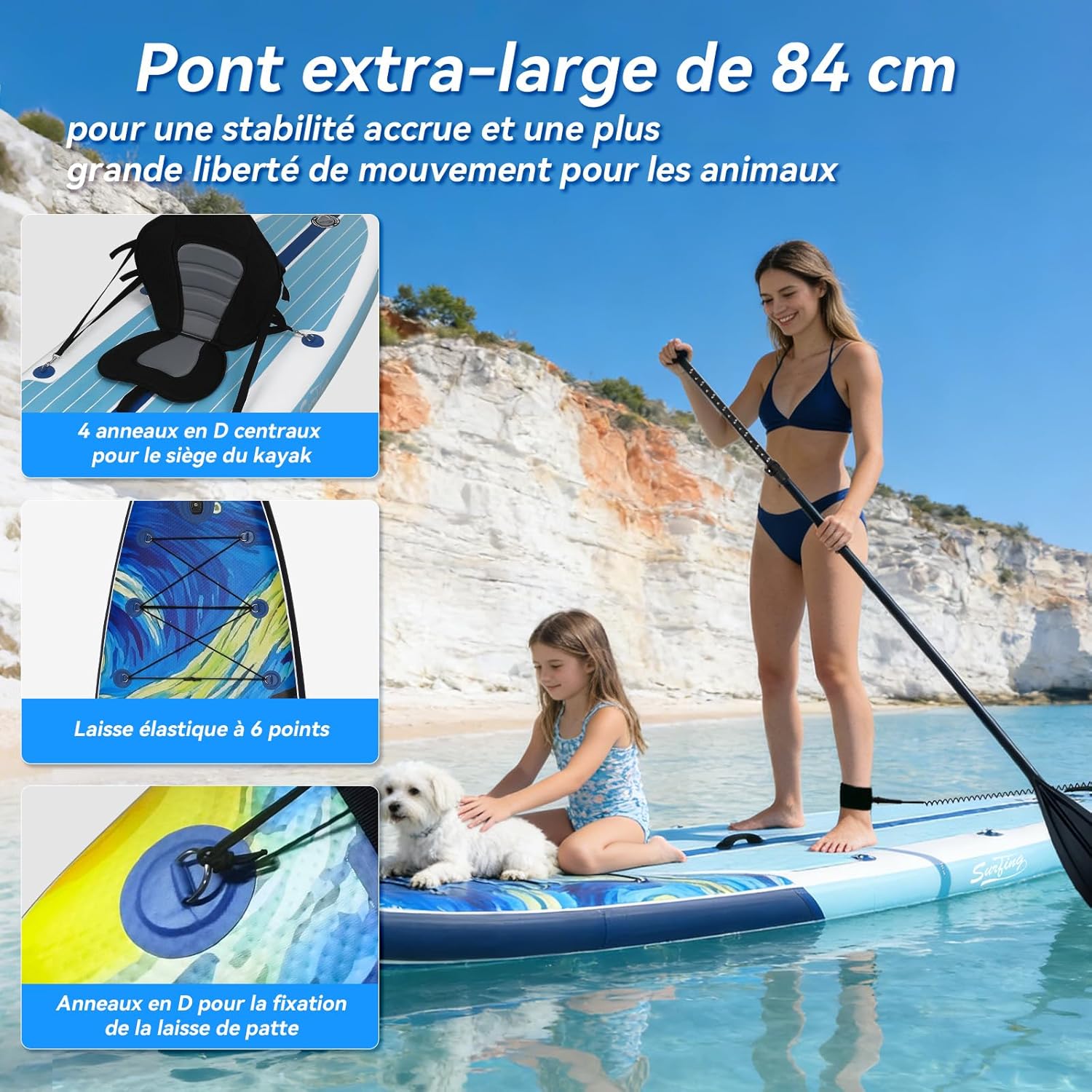 jardinite - Paddle gonflable adulte 320/335cm - 2 personnes, siège kayak, pagaie, support caméra, 150kg