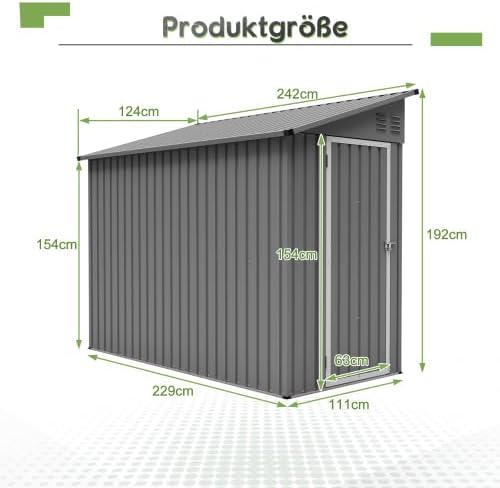 Abri de jardin en métal de 10,2 x 20,3 cm avec toit incliné, porte verrouillable et 2 ouvertures d'aération – Abri à outils peu encombrant pour arrière-cour et terrasse, rangement des outils, gris