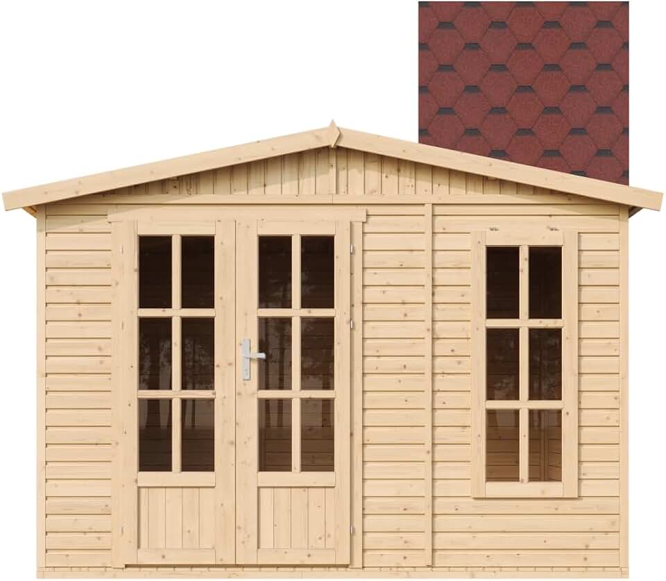 jardinite M334FB+H334FBRED Abri de Jardin en Bois 6 m² avec Sol, L332xP222xH232 cm – Chalet de Loisirs, Maison d'Été avec Bardeaux Bitumineux Rouges The Forest Stewardship Council