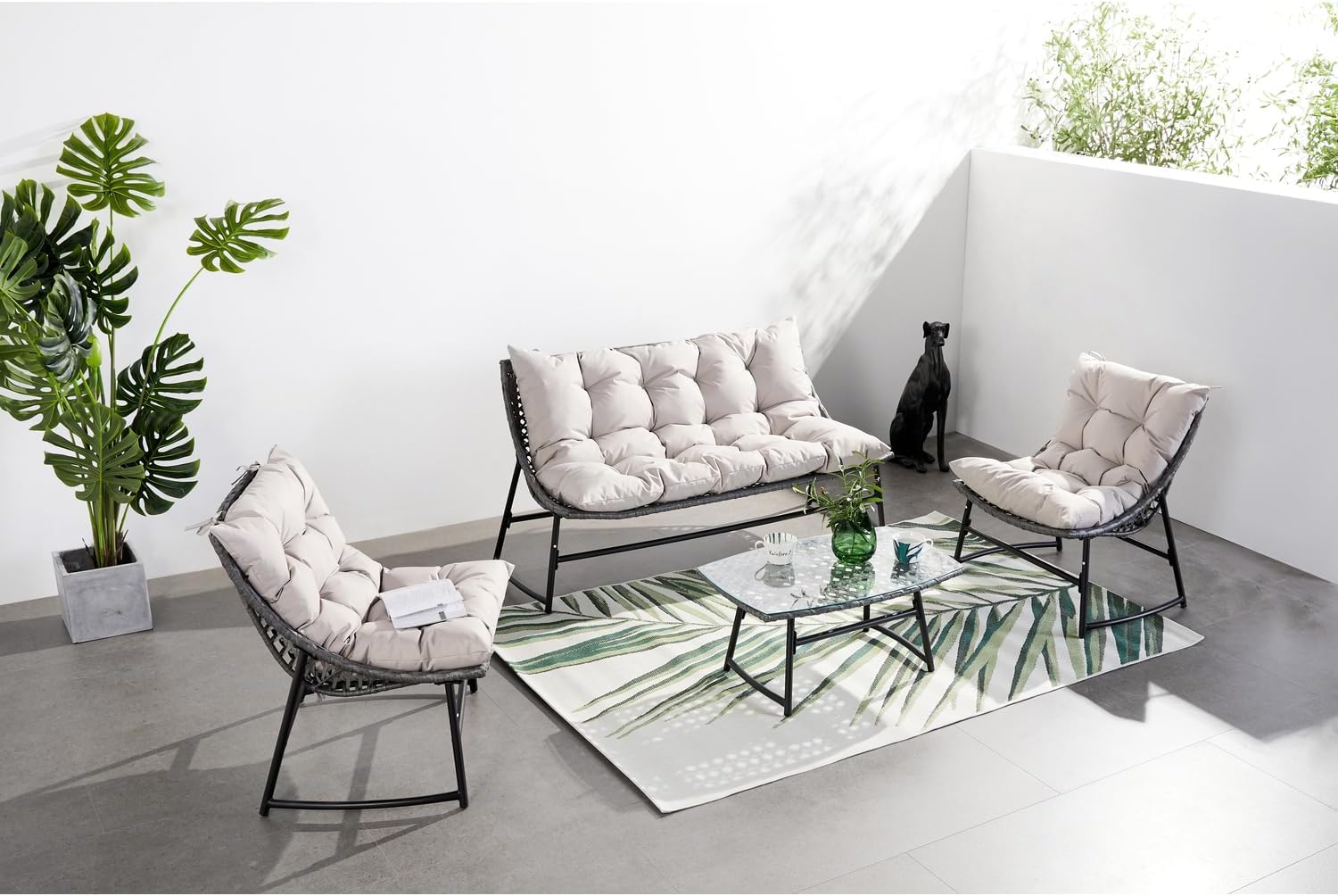 jardinite - Guahana - salon bas 4 places, acier, rotin, coussins épais