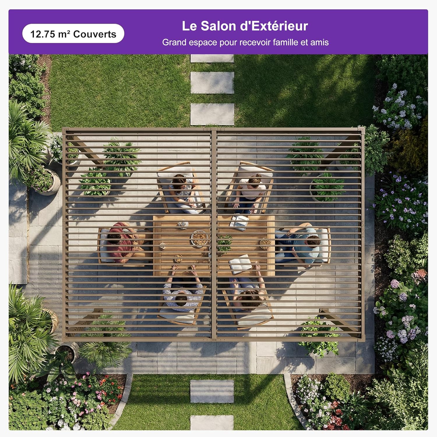 jardinite - pergola bioclimatique LED - 3x4,25m - aluminium, lames orientables, anti-UV, sans entretien