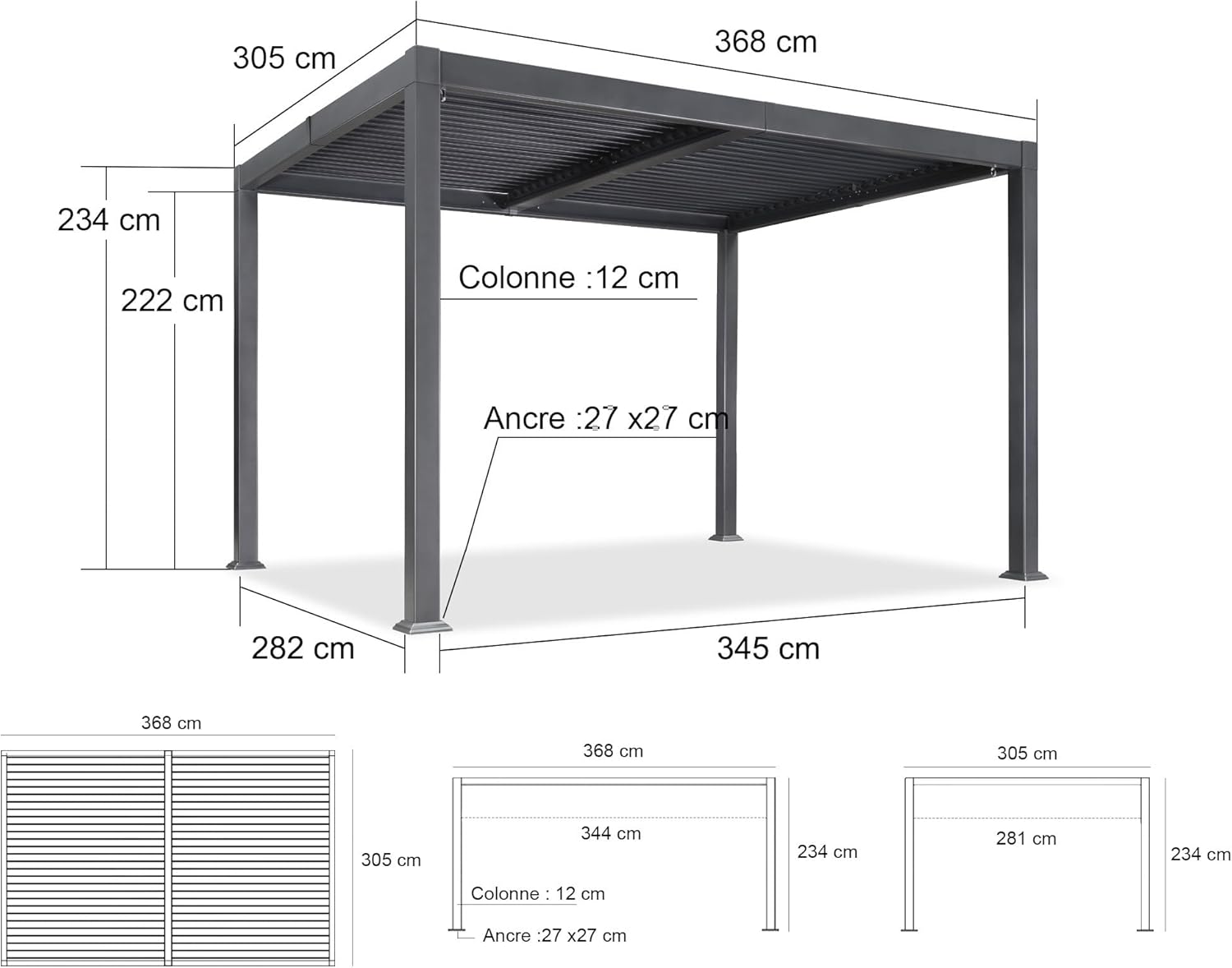 jardinite - pergola bioclimatique - 3x3,65m - aluminium, lames orientables, gris